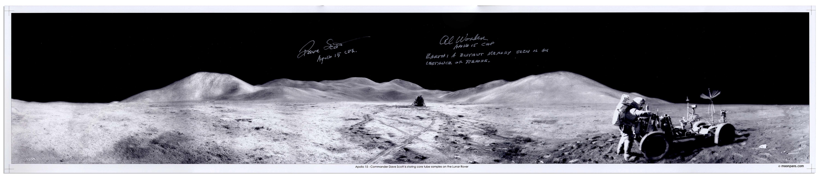 Al Worden & Dave Scott Signed Panoramic 40.5'' x 8.5'' Photo of the Moon's Surface -- Worden Additionally Writes His Famous Quote About Seeing Earth From the Moon